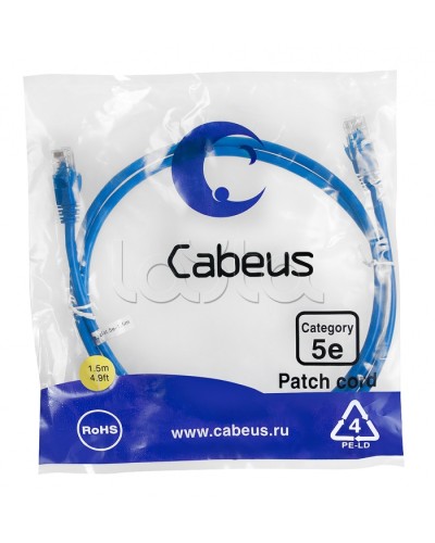 Патч-корд UTP, категория 5е, 1.5 м, неэкранированный, синий Cabeus PC-UTP-RJ45-Cat.5e-1.5m-BL в Уссурийске Патчкорды (медные) Pintop.ru