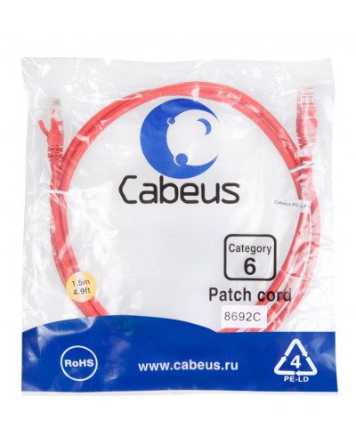 Патч-корд UTP, категория 6, 1.5 м, неэкранированный, красный Cabeus PC-UTP-RJ45-Cat.6-1.5m-RD в Уссурийске Патчкорды (медные) Pintop.ru