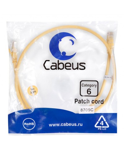 Патч-корд UTP, категория 6, 1 м, неэкранированный, желтый Cabeus PC-UTP-RJ45-Cat.6-1m-YL в Уссурийске Патчкорды (медные) Pintop.ru