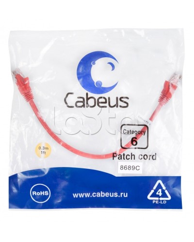 Патч-корд UTP, категория 6, 0.3 м, неэкранированный, красный Cabeus PC-UTP-RJ45-Cat.6-0.3m-RD в Уссурийске Патчкорды (медные) Pintop.ru