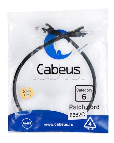 Патч-корд UTP, категория 6, 0.5 м, неэкранированный, черный Cabeus PC-UTP-RJ45-Cat.6-0.5m-BK в Уссурийске Патчкорды (медные) Pintop.ru