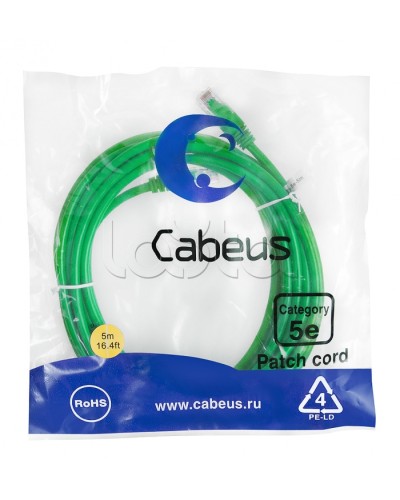 Патч-корд UTP, категория 5е, 5 м, неэкранированный, зеленый Cabeus PC-UTP-RJ45-Cat.5e-5m-GN в Уссурийске Патчкорды (медные) Pintop.ru
