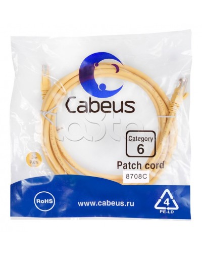Патч-корд UTP, категория 6, 3 м, неэкранированный, желтый Cabeus PC-UTP-RJ45-Cat.6-3m-YL в Уссурийске Патчкорды (медные) Pintop.ru