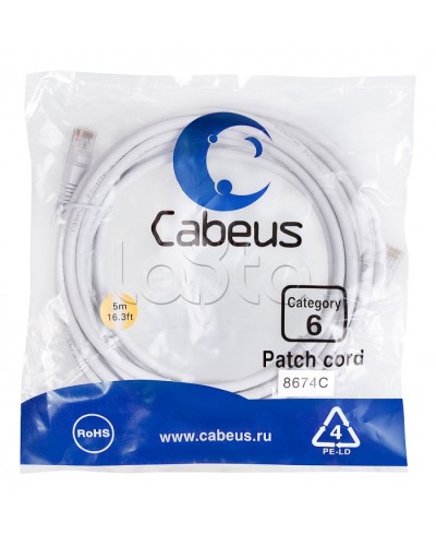 Патч-корд UTP, категория 6, 5 м, неэкранированный, белый Cabeus PC-UTP-RJ45-Cat.6-5m-WH в Уссурийске Патчкорды (медные) Pintop.ru