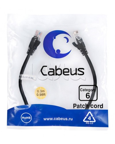 Патч-корд UTP, категория 6, 0.3 м, неэкранированный, черный Cabeus PC-UTP-RJ45-Cat.6-0.3m-BK в Уссурийске Патчкорды (медные) Pintop.ru