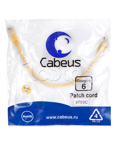 Патч-корд UTP, категория 6, 0.3 м, неэкранированный, желтый Cabeus PC-UTP-RJ45-Cat.6-0.3m-YL в Уссурийске Патчкорды (медные) Pintop.ru