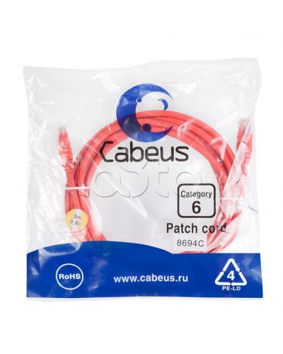 Патч-корд UTP, категория 6, 3 м, неэкранированный, красный Cabeus PC-UTP-RJ45-Cat.6-3m-RD в Уссурийске Патчкорды (медные) Pintop.ru