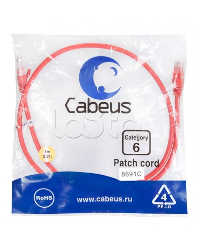 Патч-корд UTP, категория 6, 1 м, неэкранированный, красный Cabeus PC-UTP-RJ45-Cat.6-1m-RD в Уссурийске Патчкорды (медные) Pintop.ru
