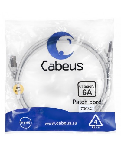 Патч-корд SSTP, категория 6a, 10G, S/FTP экранированный, LSZH, 2 м, серый Cabeus PC-SSTP-RJ45-Cat.6a-2m-LSZH в Уссурийске Патчкорды (медные) Pintop.ru
