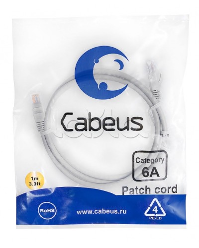 Патч-корд UTP, категория 6a, 10G, неэкранированный, LSZH, 1 м, серый Cabeus PC-UTP-RJ45-Cat.6a-1m-LSZH в Уссурийске Патчкорды (медные) Pintop.ru