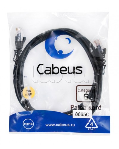 Патч-корд UTP, категория 6, 2 м, неэкранированный, черный Cabeus PC-UTP-RJ45-Cat.6-2m-BK в Уссурийске Патчкорды (медные) Pintop.ru