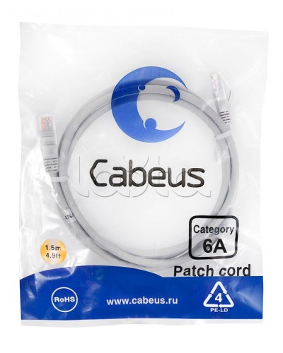 Патч-корд UTP, категория 6a, 10G, неэкранированный, LSZH, 1.5 м, серый Cabeus PC-UTP-RJ45-Cat.6a-1.5m-LSZH в Уссурийске Патчкорды (медные) Pintop.ru