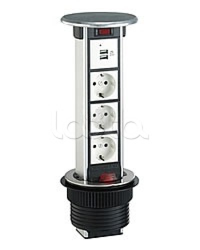 Блок розеточный встраеваемый в стол, 4 поста (45х45) IP54, с выключателем нагрузки (алюм+нерж.сталь) Экопласт 70334 в Уссурийске Блоки розеток Pintop.ru