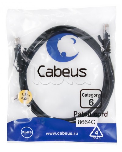 Патч-корд UTP, категория 6, 1.5 м, неэкранированный, черный Cabeus PC-UTP-RJ45-Cat.6-1.5m-BK в Уссурийске Патчкорды (медные) Pintop.ru