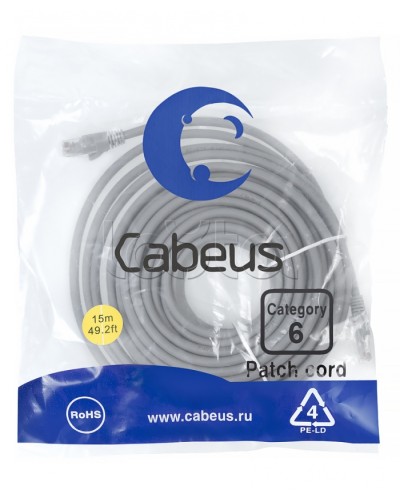 Патч-корд UTP, категория 6, 15 м, неэкранированный, серый Cabeus PC-UTP-RJ45-Cat.6-15m в Уссурийске Патчкорды (медные) Pintop.ru