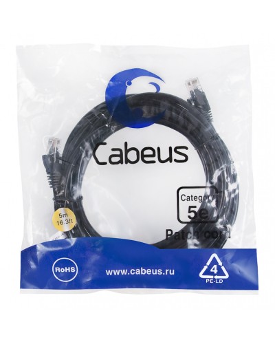 Патч-корд UTP, категория 5e, 5 м, неэкранированный, черный Cabeus PC-UTP-RJ45-Cat.5e-5m-BK в Уссурийске Патчкорды (медные) Pintop.ru