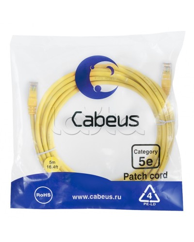 Патч-корд UTP, категория 5e, 5 м, неэкранированный, желтый Cabeus PC-UTP-RJ45-Cat.5e-5m-YL в Уссурийске Патчкорды (медные) Pintop.ru