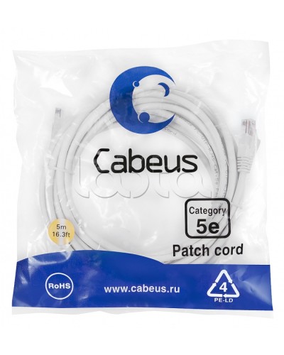 Патч-корд UTP, категория 5e, 5 м, неэкранированный, белый Cabeus PC-UTP-RJ45-Cat.5e-5m-WH в Уссурийске Патчкорды (медные) Pintop.ru