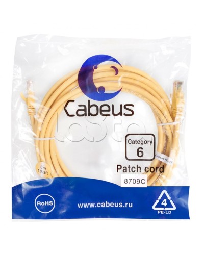 Патч-корд UTP, категория 6, 5 м, неэкранированный, желтый Cabeus PC-UTP-RJ45-Cat.6-5m-YL в Уссурийске Патчкорды (медные) Pintop.ru