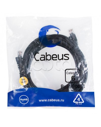 Патч-корд UTP, категория 6, 5 м, неэкранированный, черный Cabeus PC-UTP-RJ45-Cat.6-5m-BK в Уссурийске Патчкорды (медные) Pintop.ru