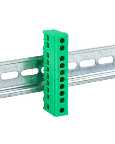 Шина 0 PE (6х9мм) 10 отверстий латунь зеленый изолированный корпус на DIN-рейку EKF PROxima (sn0-63-10-ig) в Уссурийске Клеммные колодки Pintop.ru