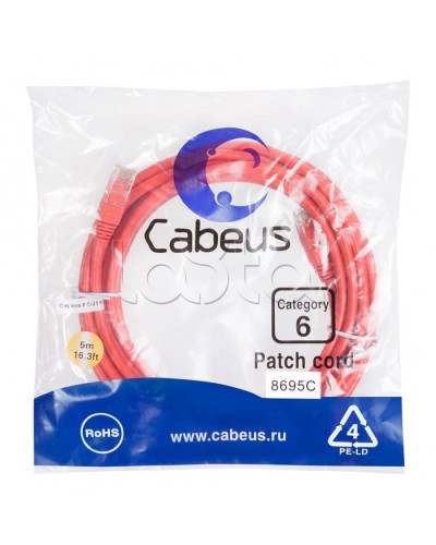 Патч-корд UTP, категория 6, 5 м, неэкранированный, красный Cabeus PC-UTP-RJ45-Cat.6-5m-RD в Уссурийске Патчкорды (медные) Pintop.ru