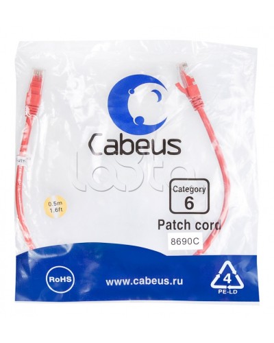 Патч-корд UTP, категория 6, 0.5 м, неэкранированный, красный Cabeus PC-UTP-RJ45-Cat.6-0.5m-RD в Уссурийске Патчкорды (медные) Pintop.ru
