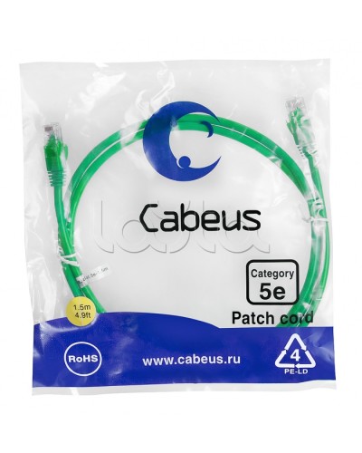 Патч-корд UTP, категория 5е, 1.5 м, неэкранированный, зеленый Cabeus PC-UTP-RJ45-Cat.5e-1.5m-GN в Уссурийске Патчкорды (медные) Pintop.ru