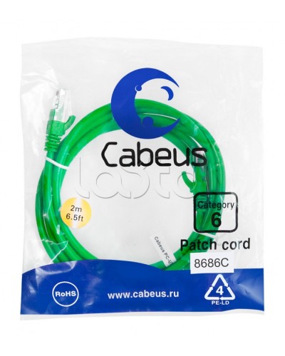 Патч-корд UTP, категория 6, 2 м, неэкранированный, зеленый Cabeus PC-UTP-RJ45-Cat.6-2m-GN в Уссурийске Патчкорды (медные) Pintop.ru