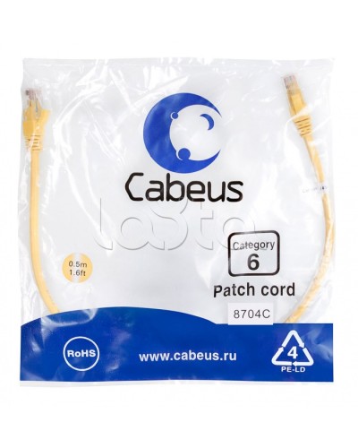 Патч-корд UTP, категория 6, 0.5 м, неэкранированный, желтый Cabeus PC-UTP-RJ45-Cat.6-0.5m-YL в Уссурийске Патчкорды (медные) Pintop.ru